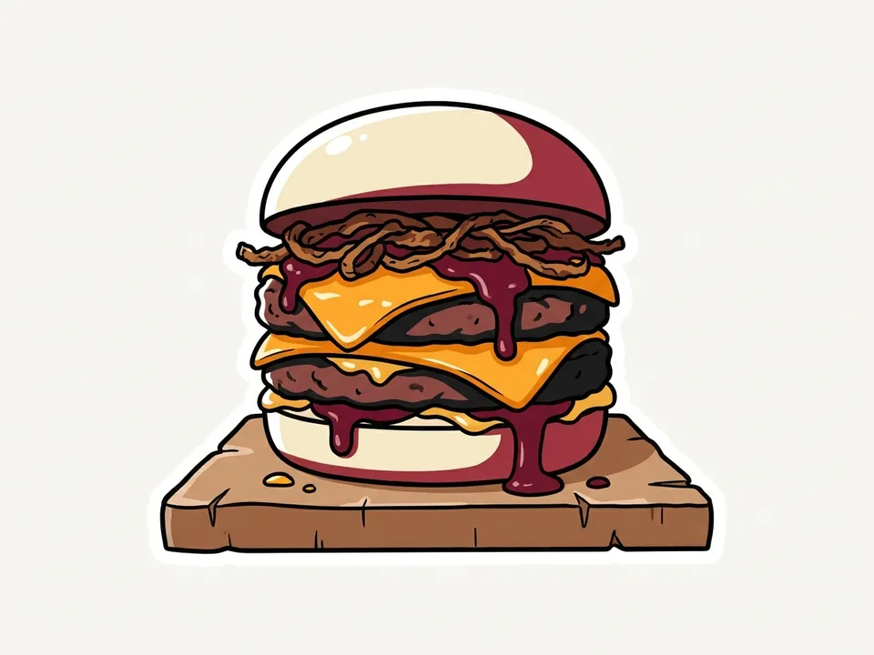 burger empilé au cheddar fondant, oignons croustillants et sauce
