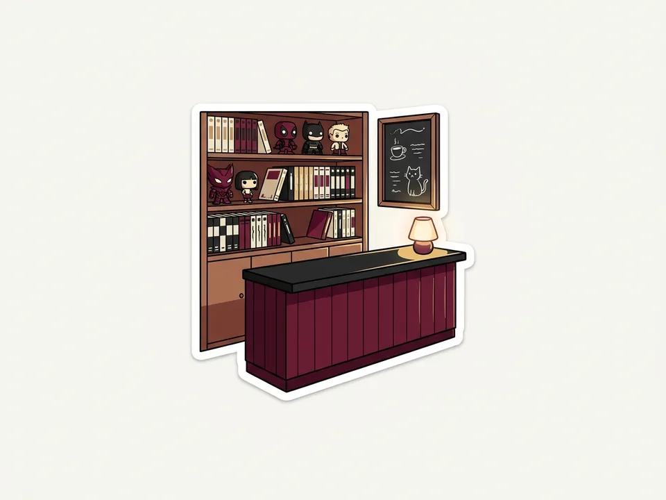 comptoir du bar avec ses étagères de mangas, figurines et ardoise