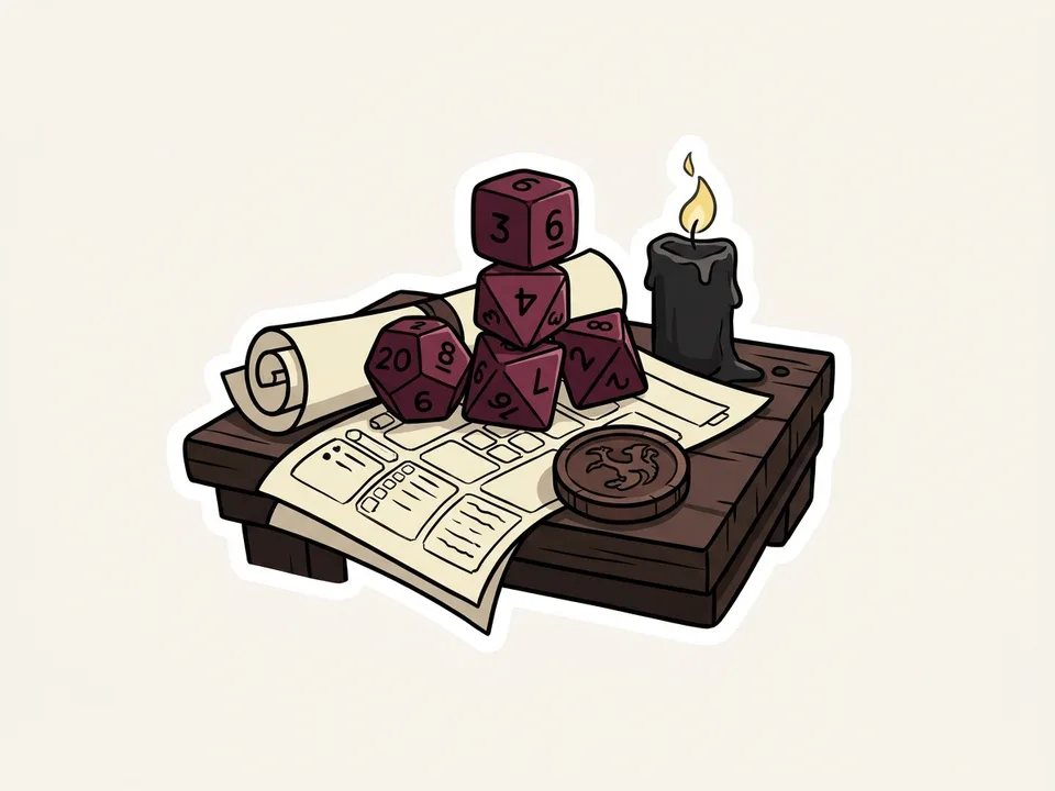 table de jeu de rôle : dés, feuilles de personnage, bougie