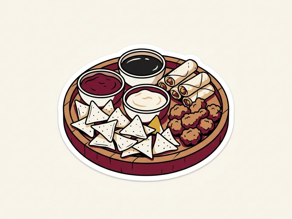 planche à partager : nachos, sauces, nems et bouchées de poulet