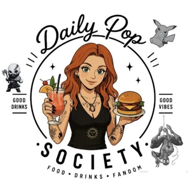 Le logo de Daily Pop Society : Rachel, un cocktail dans une main, un burger dans l'autre